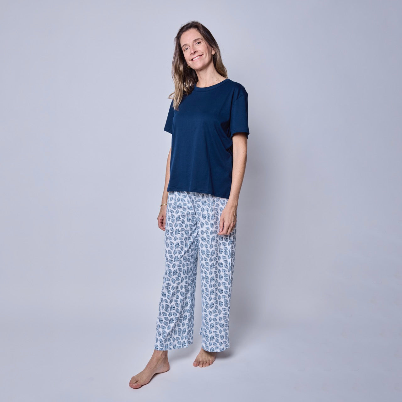 Pijama Mujer Pantalón y Polera Helecho Azul – Algodón Pima 100% | SimplyB