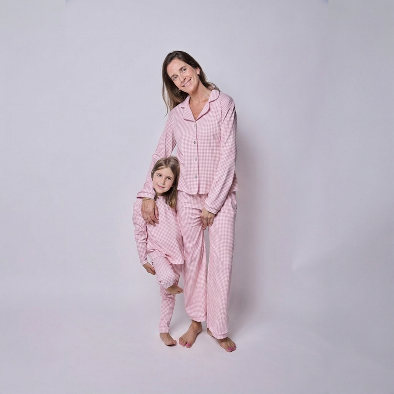 Pijama mujer y niña de algodón pima SimplyB diseño Vichy Rosado