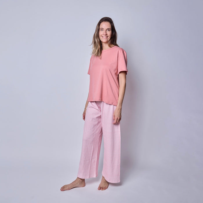 Pijama mujer manga corta vichy rosado algodón pima - SimplyB