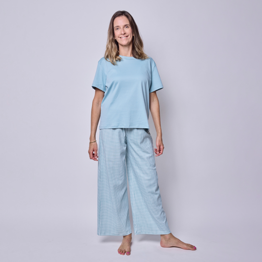 Pijama mujer pantalón y polera Vichy verde algodón pima