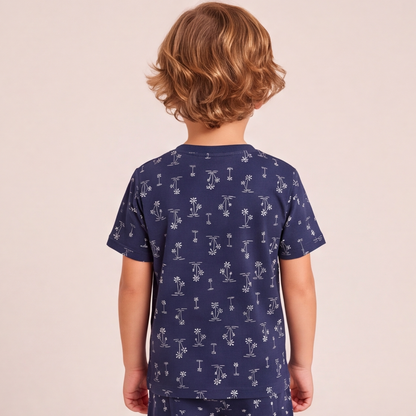 Pijama Niño Corto Algodón Pima Palmeras azules