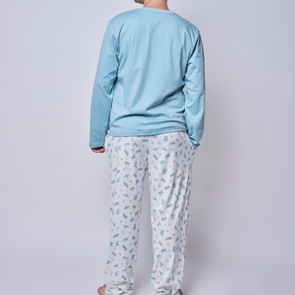Pijama Hombre Manga Larga Algodón Pima Tortugas Acuarela
