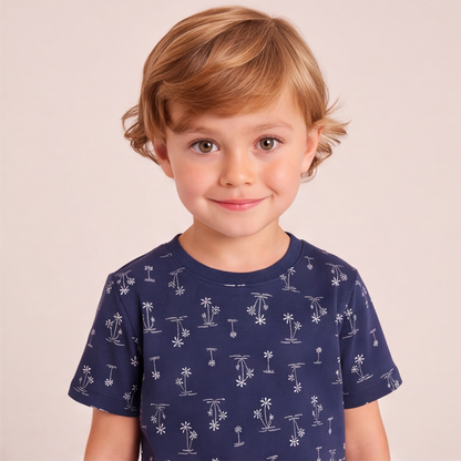 Pijama Niño Corto Algodón Pima Palmeras azules