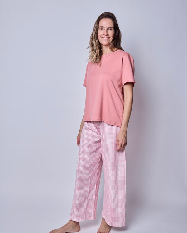 Pijama mujer pantalón y polera vichy rosado algodón pima