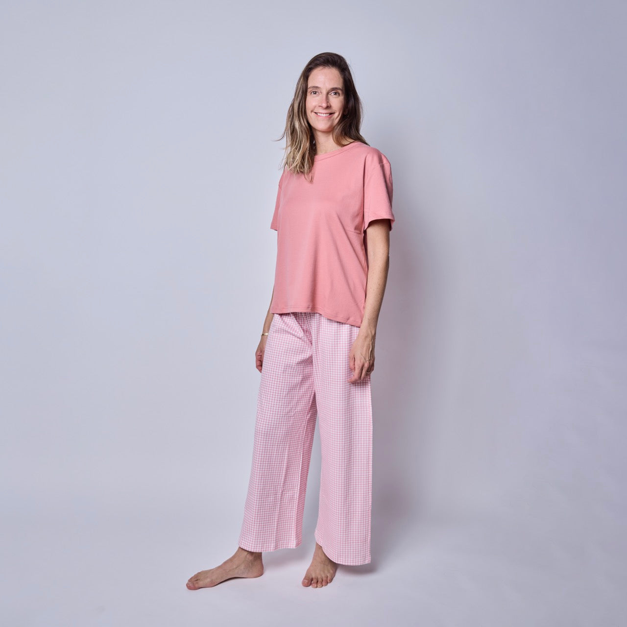 Pijama Mujer Manga Corta Vichy Rosado – Algodón Pima 100% | SimplyB