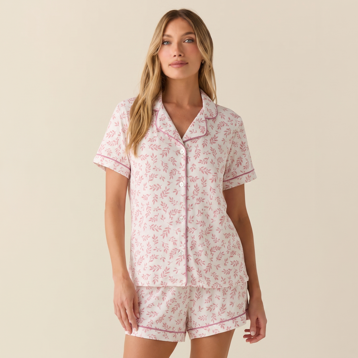 Pijama Mujer algodón pima corto hojas rosadas