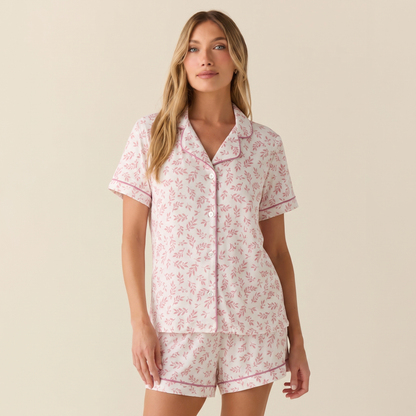 Pijama Mujer algodón pima corto hojas rosadas