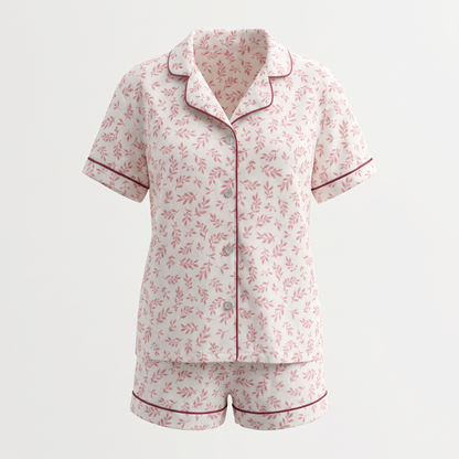 Pijama Mujer algodón pima corto hojas rosadas