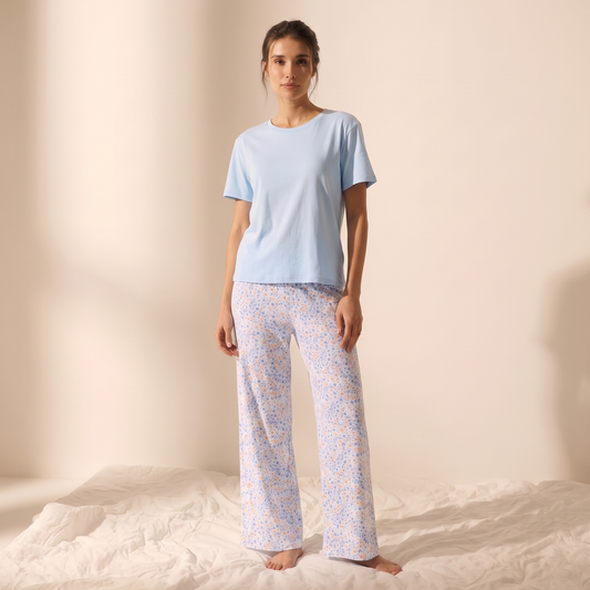 Pijama Mujer Pantalón y Polera Algodón Pima Flores Otoñal