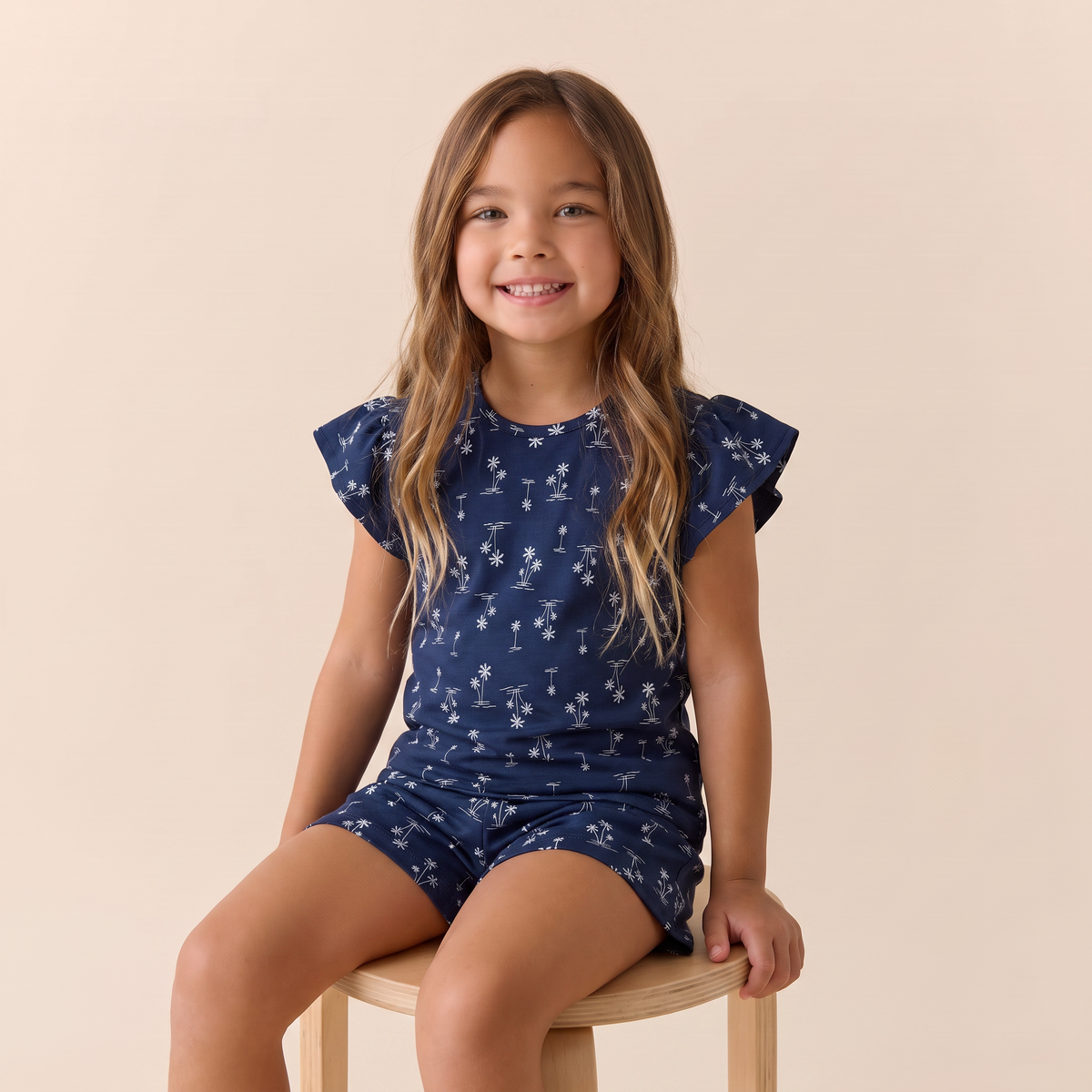Pijama Niña Corto Algodón Pima Palmeras azules