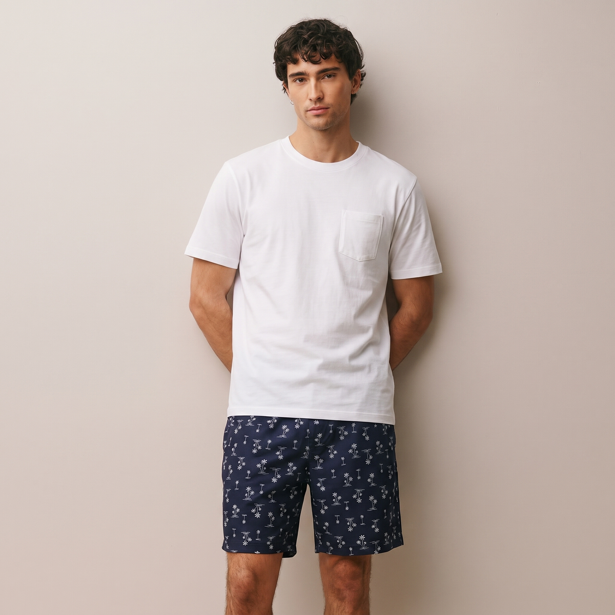 Pijama Hombre Corto Algodón Pima palmeras azules