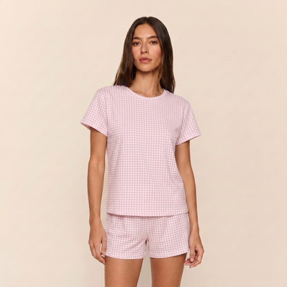 Pijama Mujer corto cuello polo vichy rosado