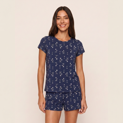 Pijama mujer corto cuello polo palmeras azules