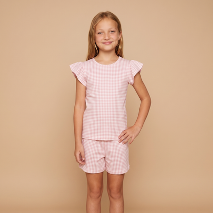 Pijama Niña Corto Algodón Vichy rosado