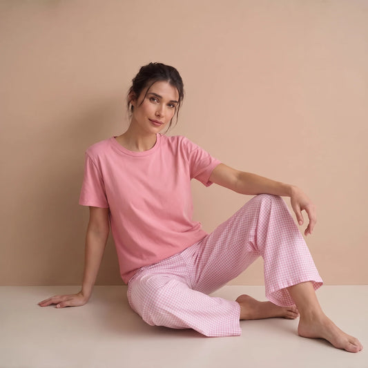 Pijama Mujer Manga Corta Algodón Pima Vichy Rosado