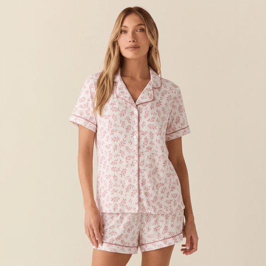 Pijama Mujer algodón pima corto hojas rosadas - SimplyB