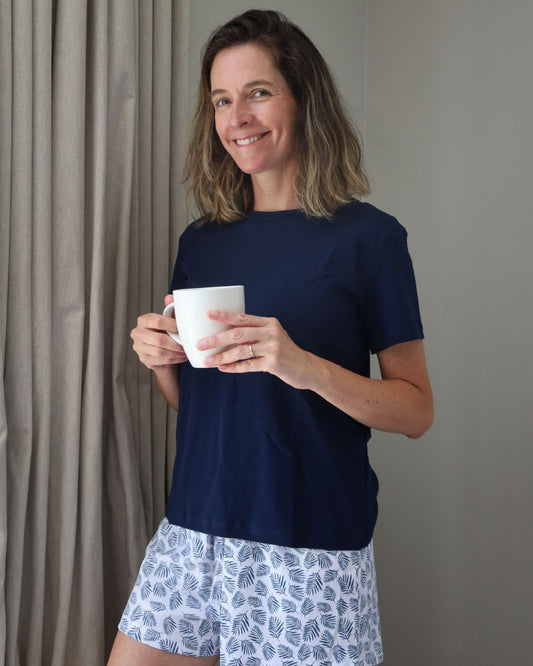 Pijama Mujer Corto Algodón Pima Helecho Azul Cuello Polo - SimplyB