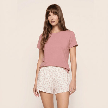 Pijama Mujer corto cuello polo hojas rosadas - SimplyB