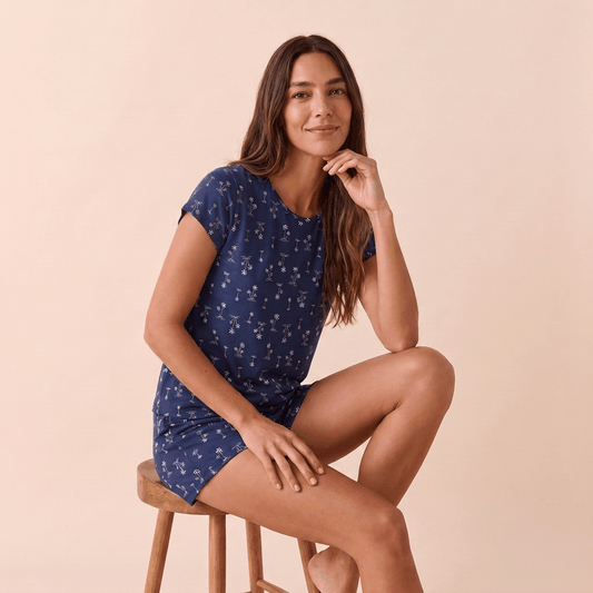 Pijama mujer corto cuello polo palmeras azules - SimplyB