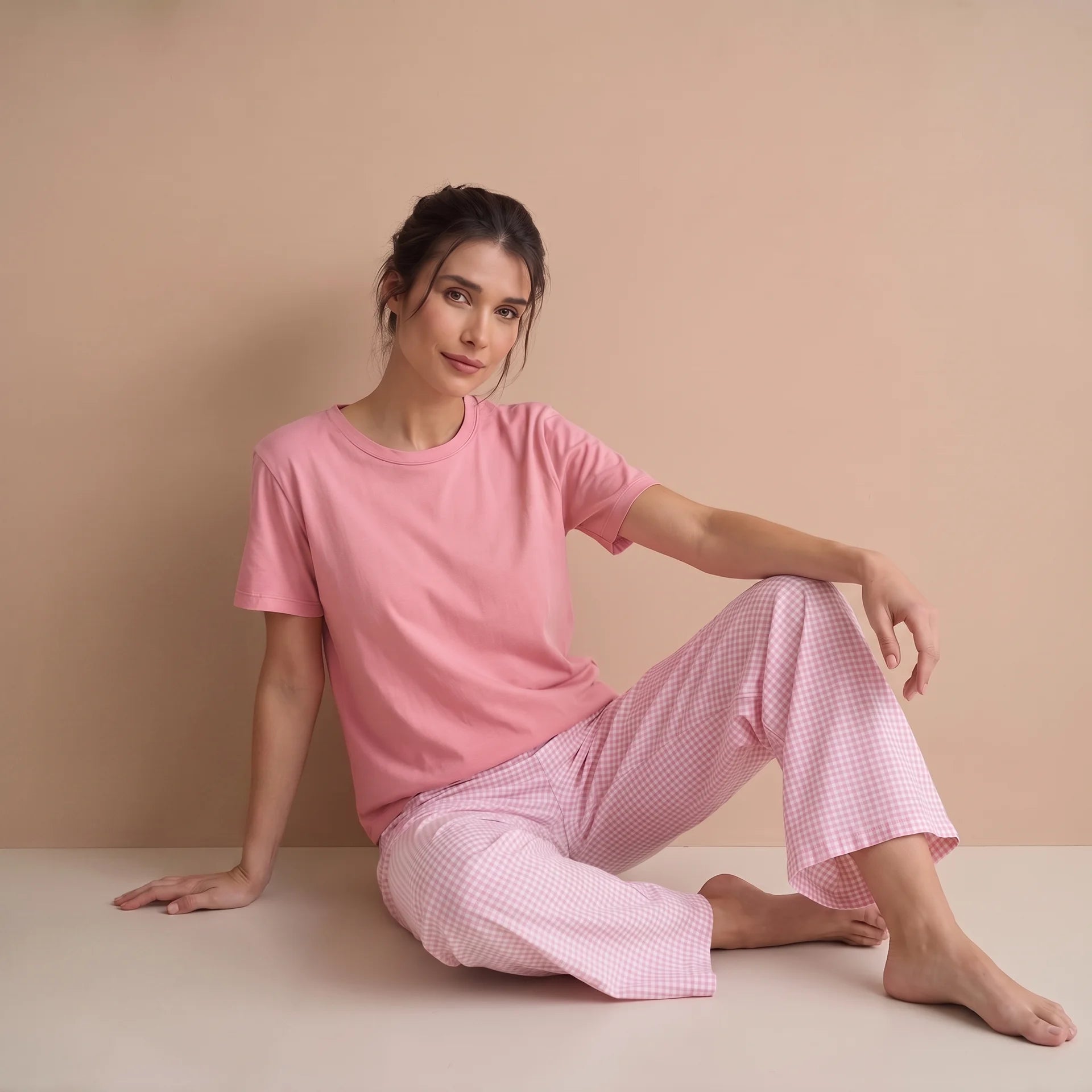 Pijama Mujer Manga Corta Algodón Pima Vichy Rosado - SimplyB