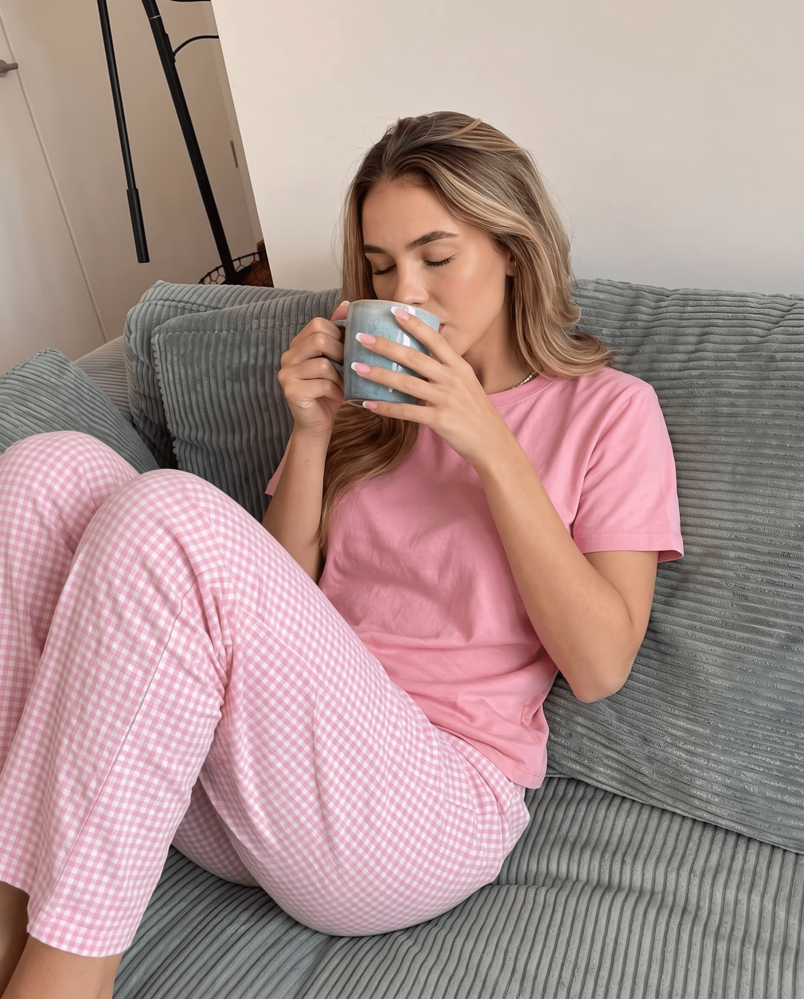 Pijama Mujer Manga Corta Algodón Pima Vichy Rosado - SimplyB