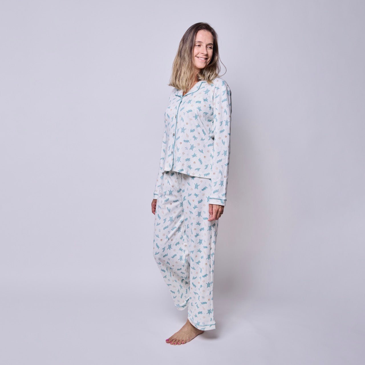 Pijama Mujer Manga Larga Algodón Pima Tortugas Acuarela - SimplyB