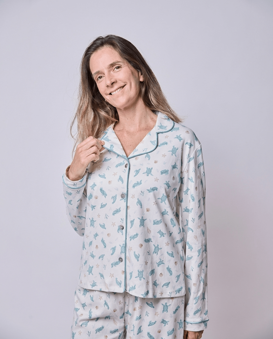 Pijama mujer manga larga con blusa tortugas acuarela algodón pima - SimplyB