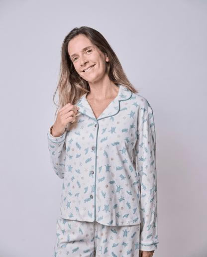 Pijama mujer manga larga con blusa tortugas acuarela algodón pima - SimplyB