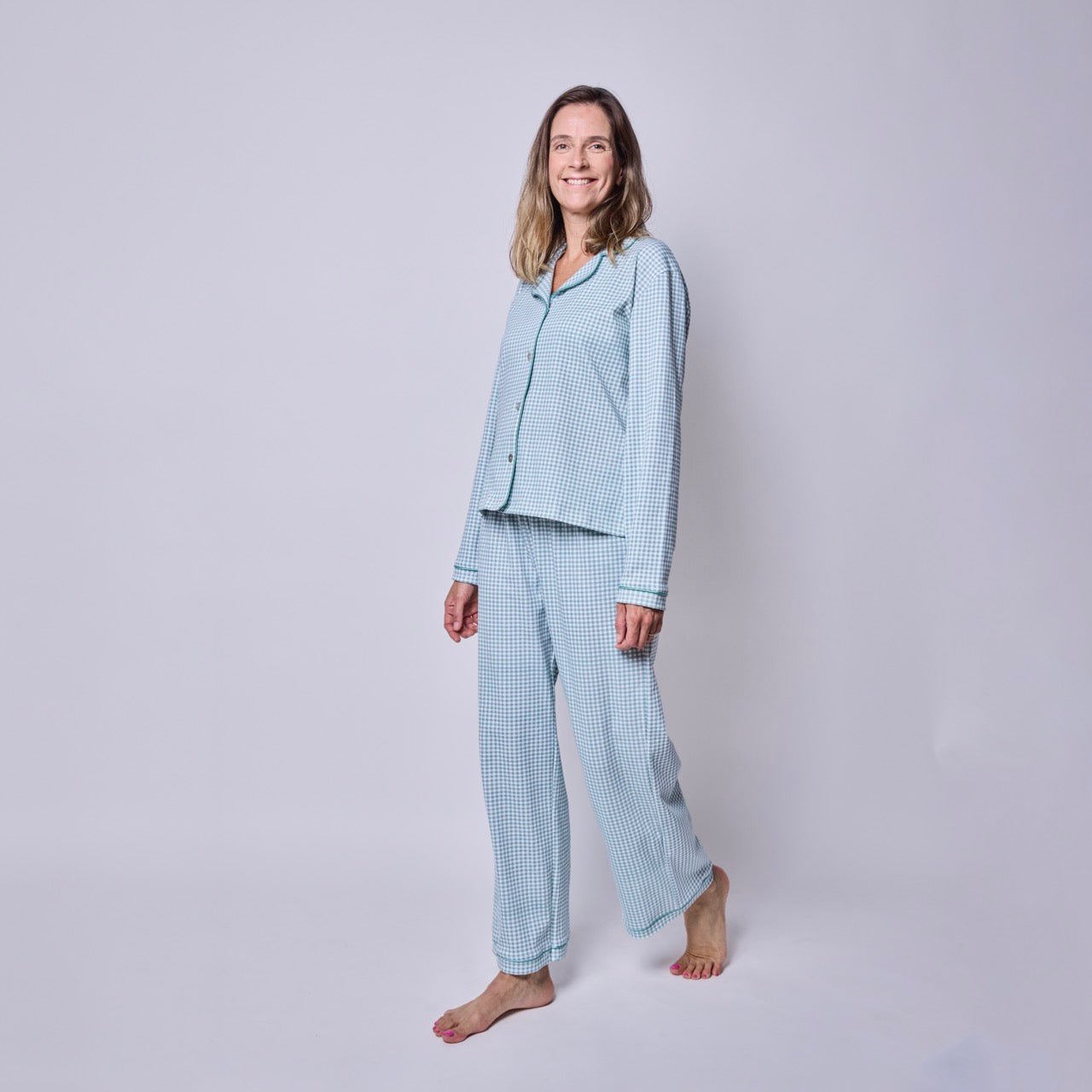 Pijama mujer manga larga con blusa vichy verde algodón pima - SimplyB