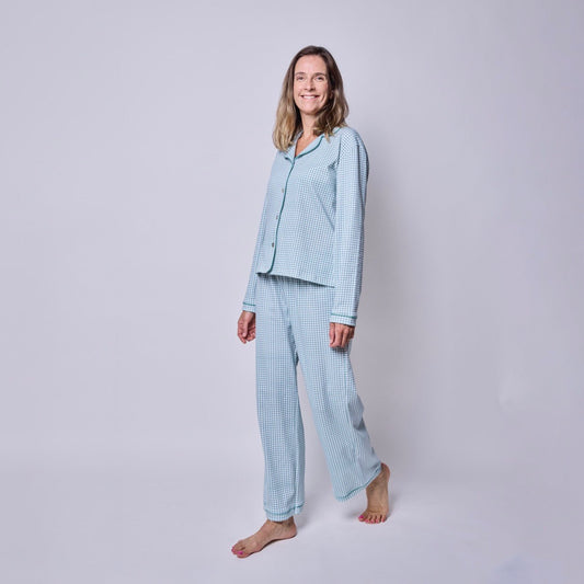 Pijama mujer manga larga con blusa vichy verde algodón pima - SimplyB