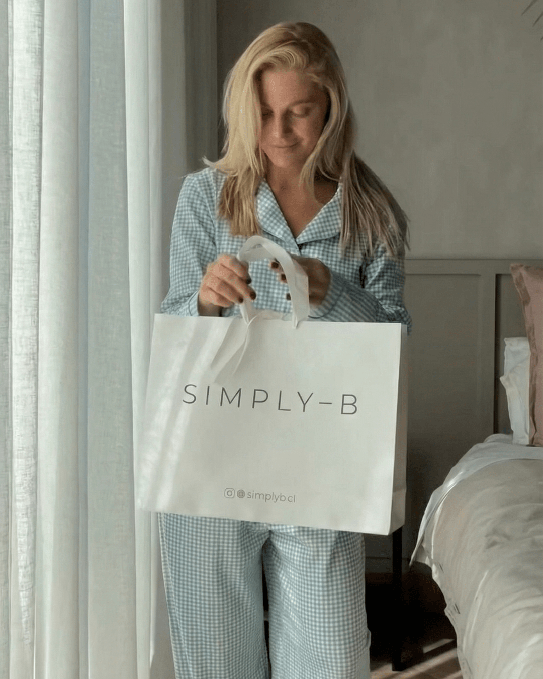 Pijama mujer manga larga con blusa vichy verde algodón pima - SimplyB