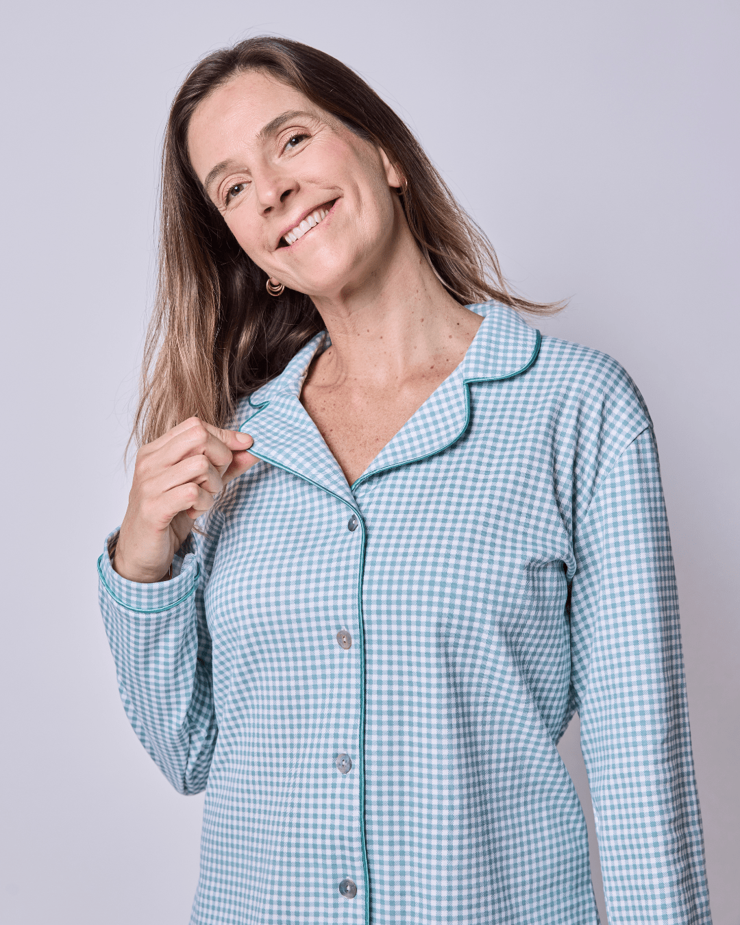 Pijama mujer manga larga con blusa vichy verde algodón pima - SimplyB