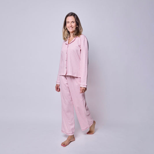 Pijama mujer manga larga vichy rosado con blusa algodón pima - SimplyB