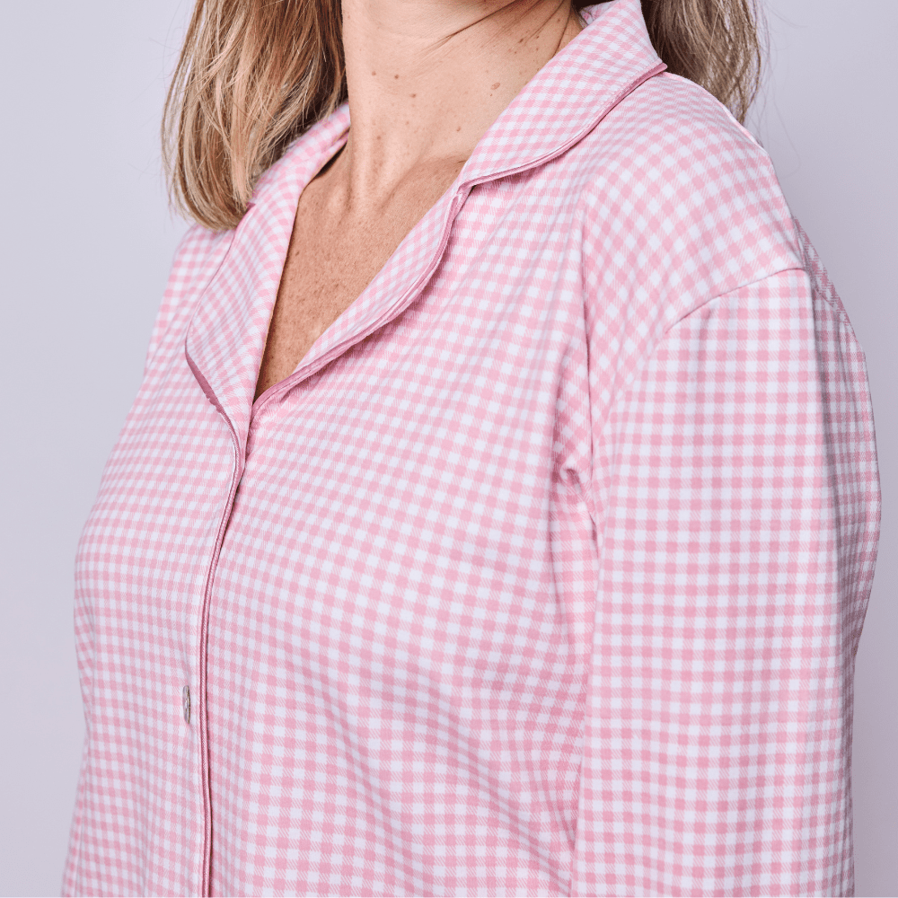 Pijama mujer manga larga vichy rosado con blusa algodón pima - SimplyB