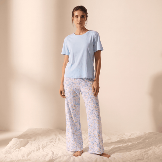 Pijama Mujer Pantalón y Polera Algodón Pima Flores Otoñal - SimplyB