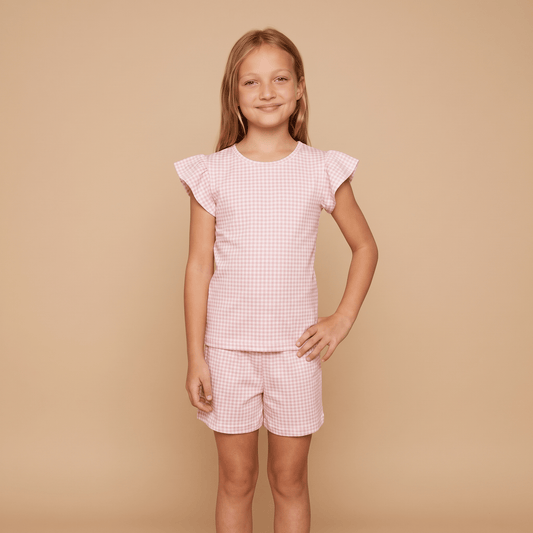 Pijama Niña Corto Algodón Vichy rosado - SimplyB