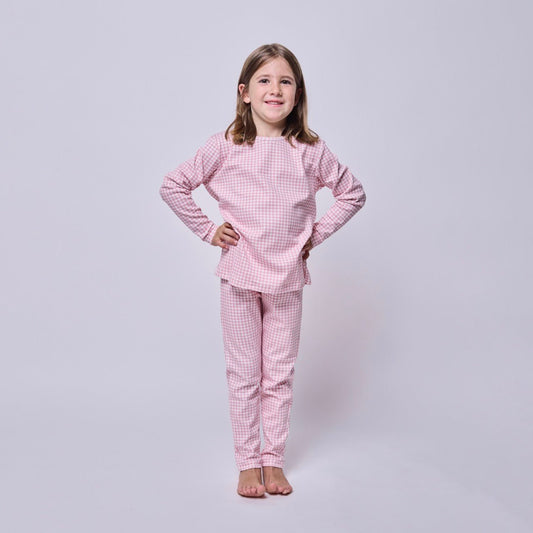 Pijama niña manga larga vichy rosado algodón pima - SimplyB