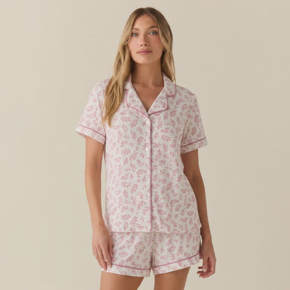 Pijama Mujer algodón pima corto hojas rosadas